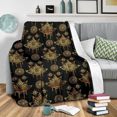 Lotus Boho Pattern Print Design Black Fleece Blanket