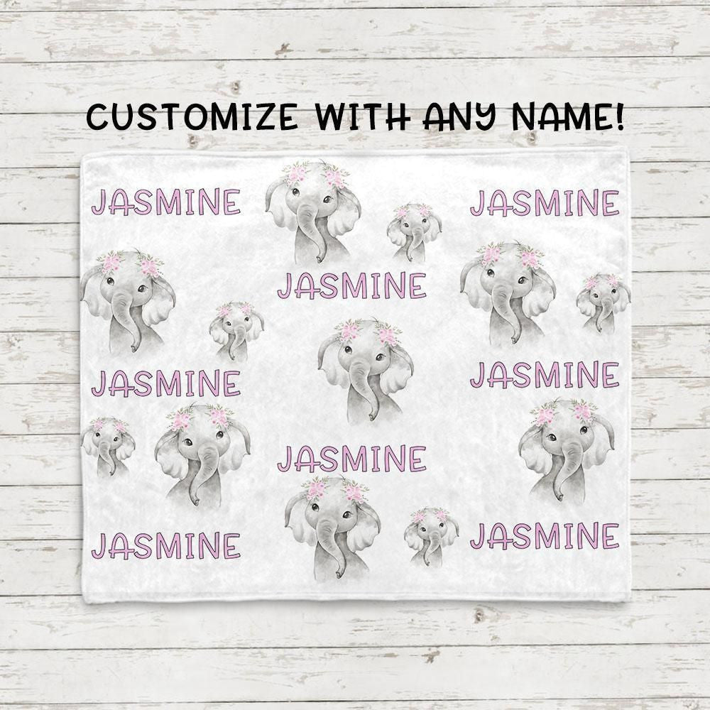Jasmine Floral Baby Elephant Custom Name Fleece Blanket