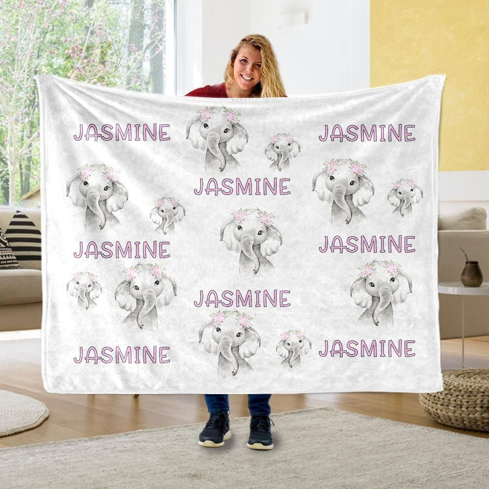 Jasmine Floral Baby Elephant Custom Name Fleece Blanket