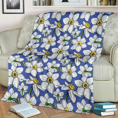 Daffodils Pattern Print Design White And Blue Soft Fleece Blanket