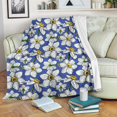 Daffodils Pattern Print Design White And Blue Soft Fleece Blanket