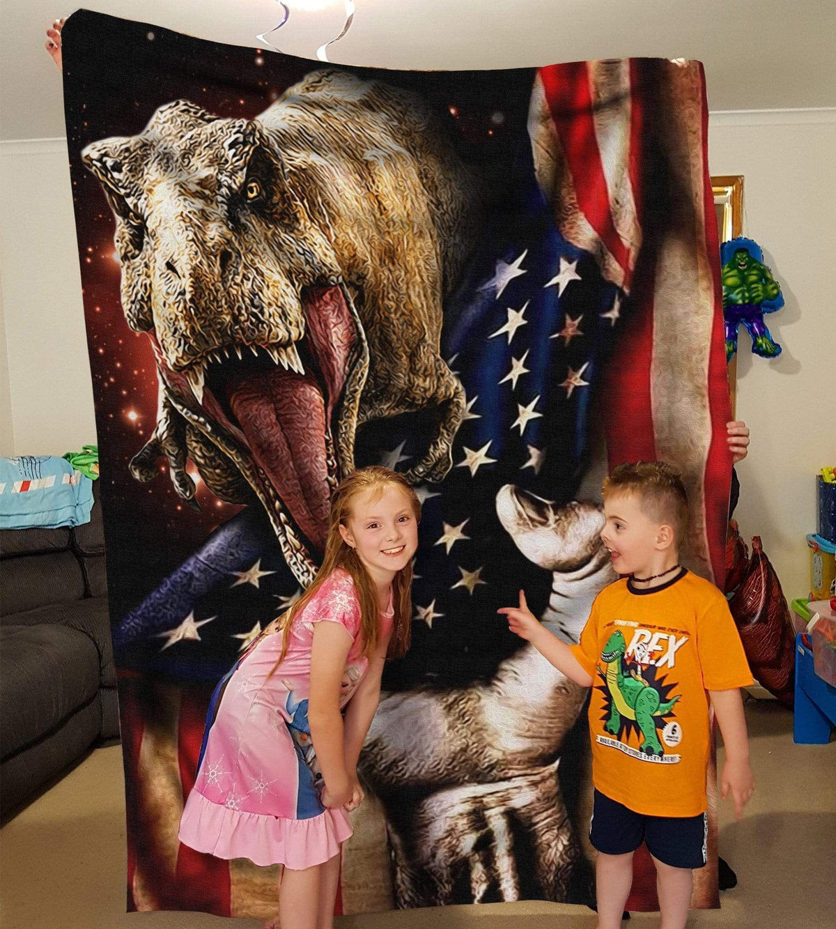 T Rex Dinosaur Us Flag Printed Fleece Blanket