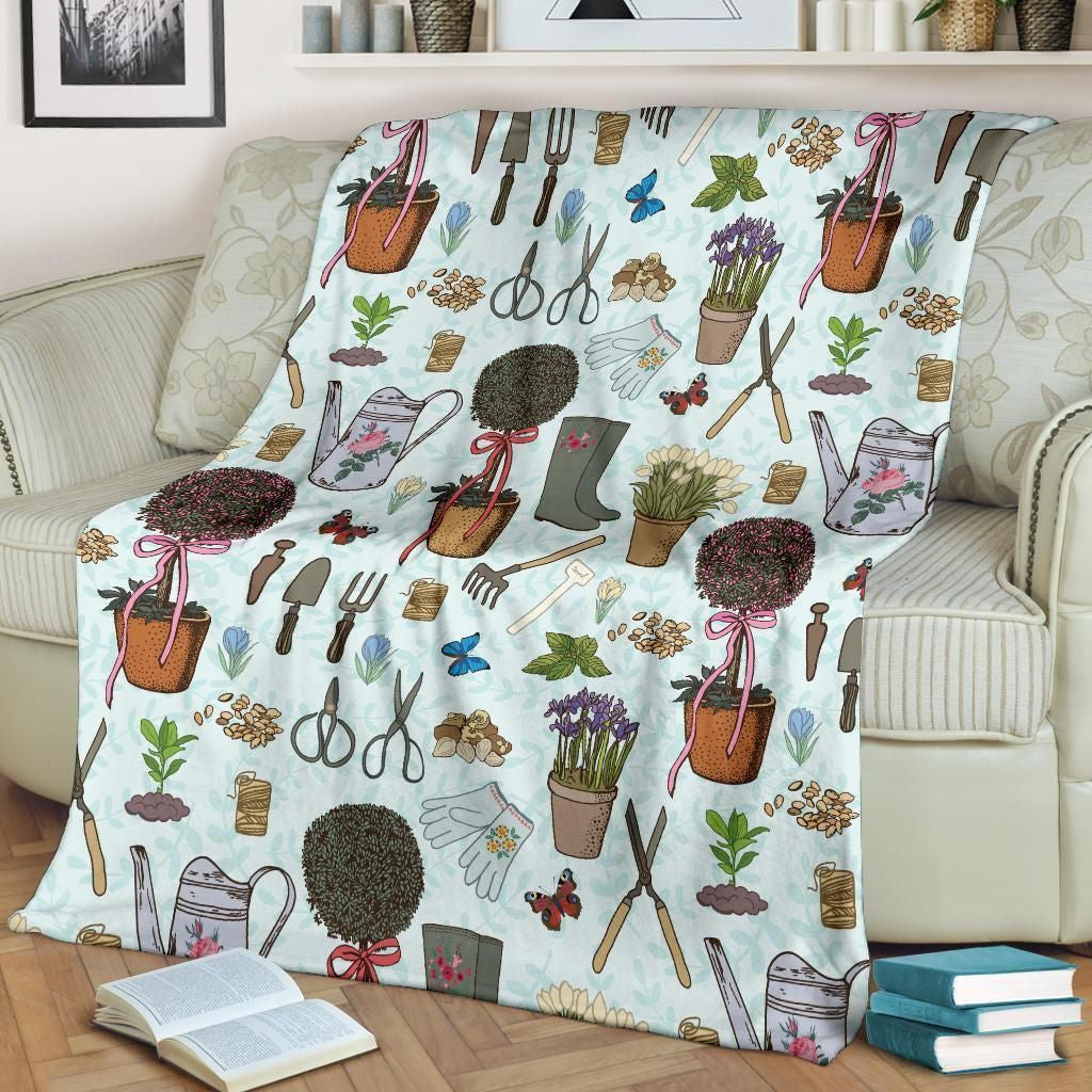 Gardening Pattern Print Design Blue Fleece Blanket