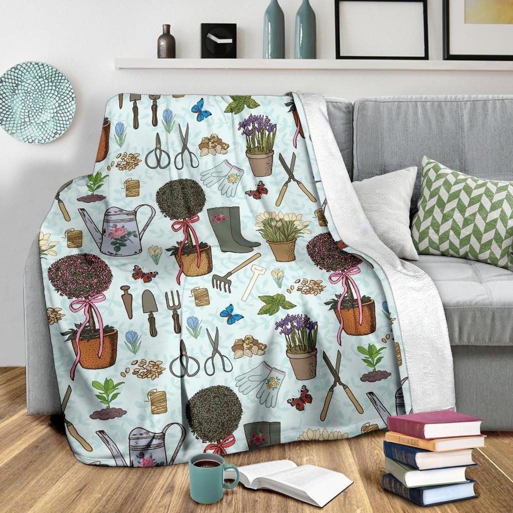 Gardening Pattern Print Design Blue Fleece Blanket