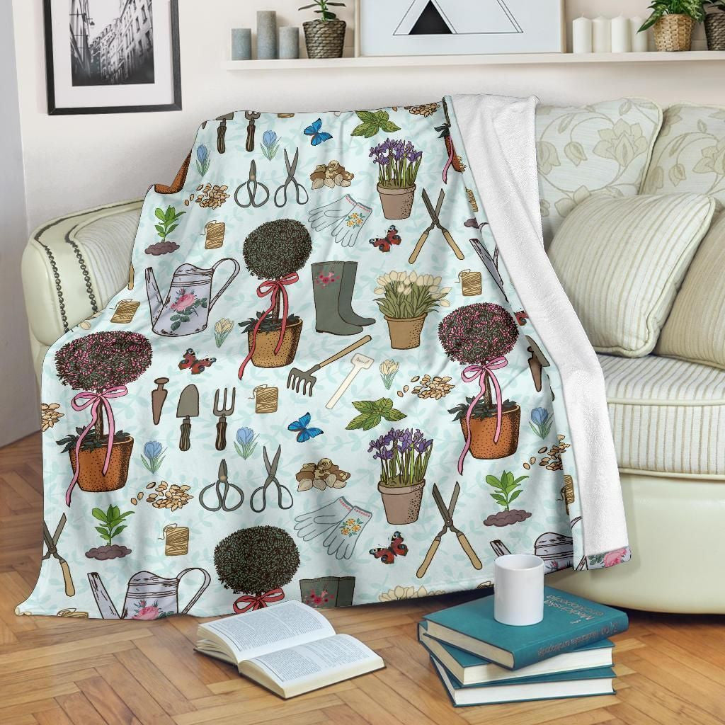 Gardening Pattern Print Design Blue Fleece Blanket