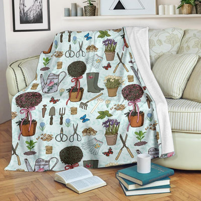 Gardening Pattern Print Design Blue Fleece Blanket