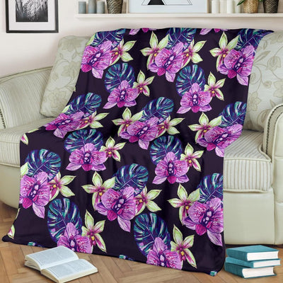 Purple Orchid Pattern Print Design Black Fleece Blanket
