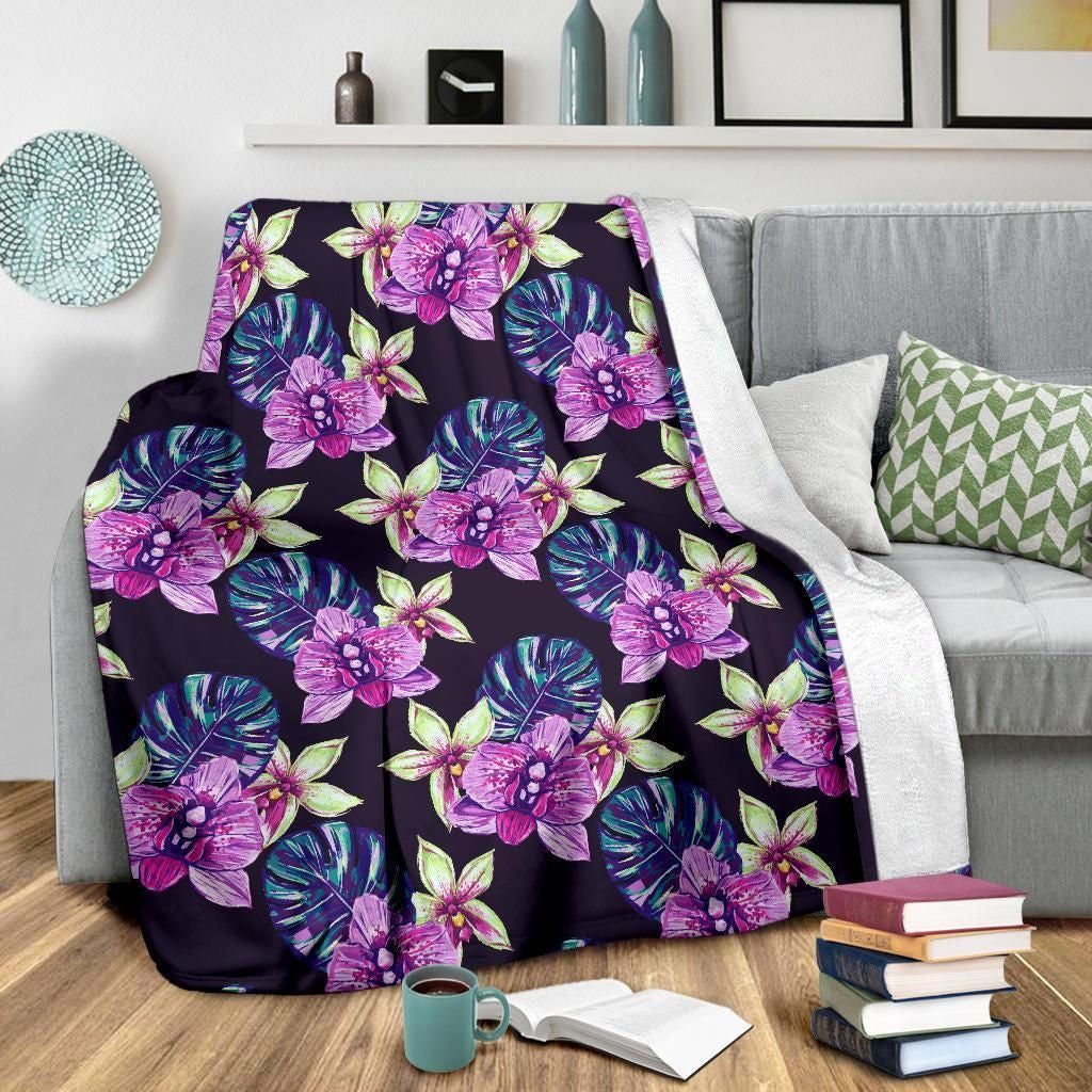 Purple Orchid Pattern Print Design Black Fleece Blanket