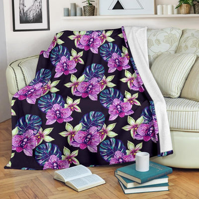 Purple Orchid Pattern Print Design Black Fleece Blanket