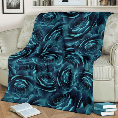 Camellia Pattern Print Design Black And Blue Fleece Blanket