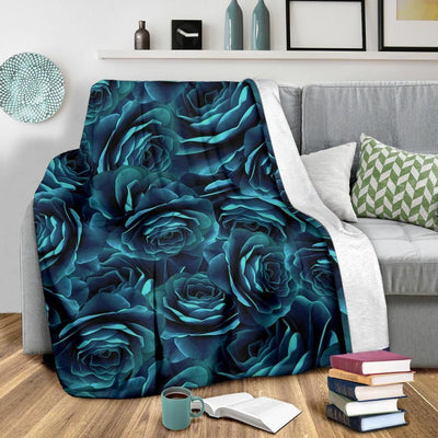Camellia Pattern Print Design Black And Blue Fleece Blanket