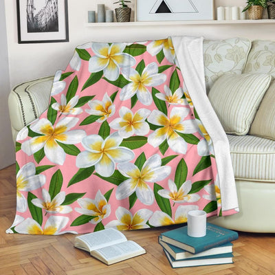White Plumeria Pattern Print Design Light Pink Soft Fleece Blanket