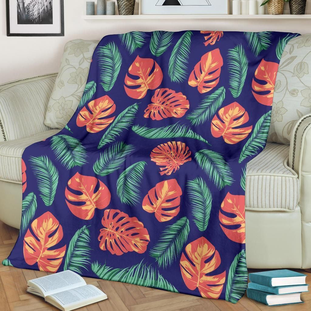 Palm Leaves Pattern Print Design Blue Fleece Blanket