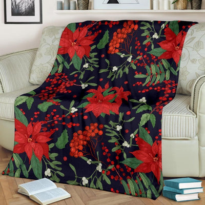 Red Poinsettia Pattern Print Design Navy Fleece Blanket