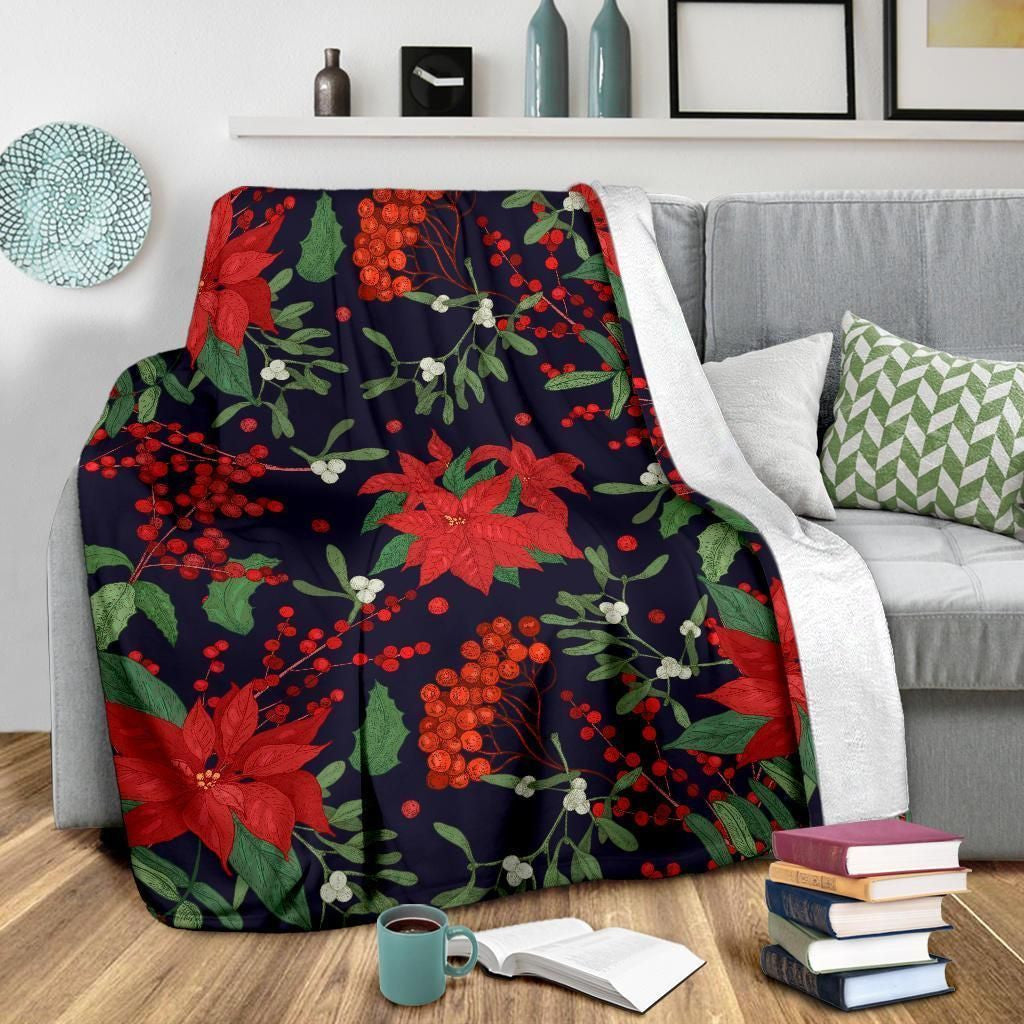 Red Poinsettia Pattern Print Design Navy Fleece Blanket