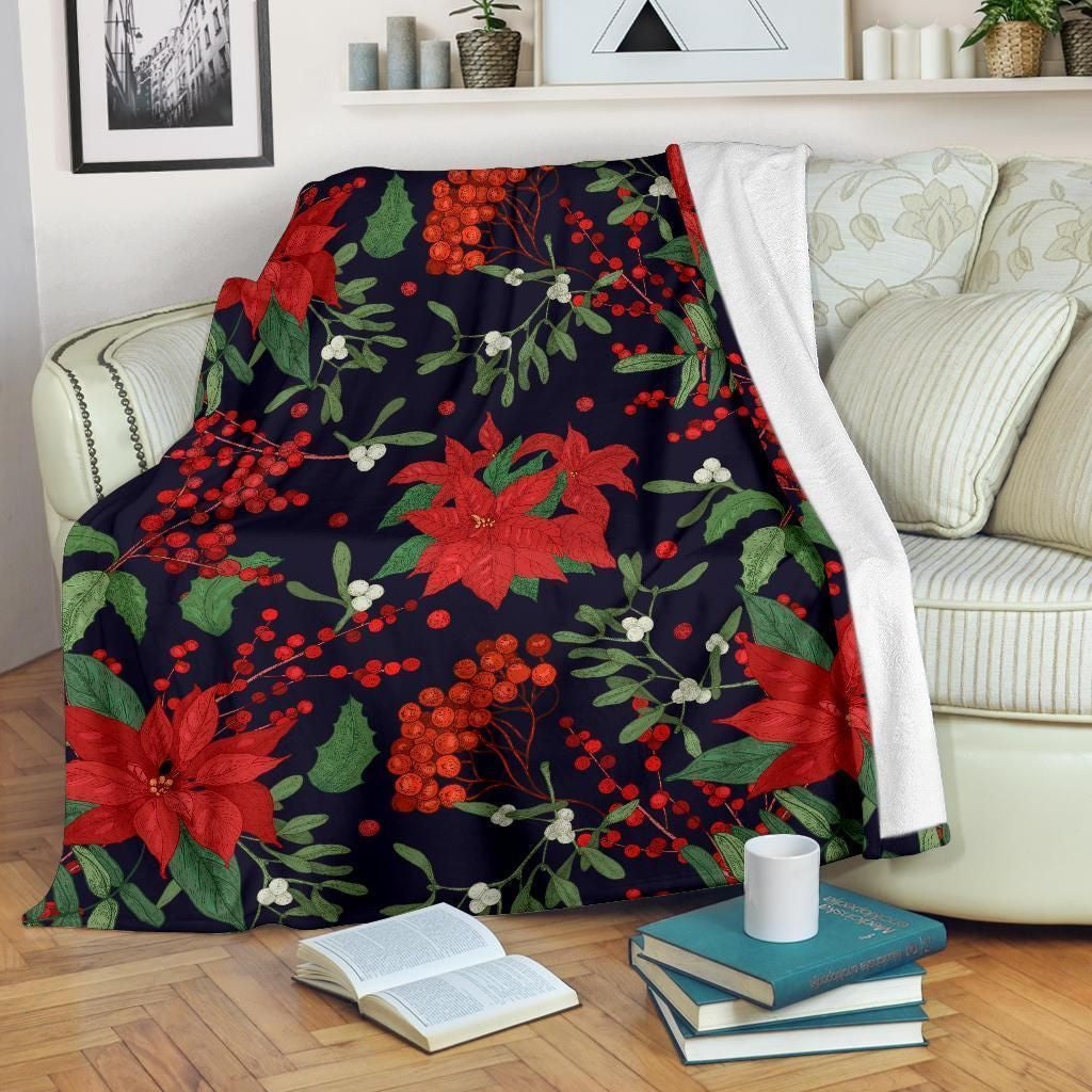 Red Poinsettia Pattern Print Design Navy Fleece Blanket