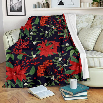 Red Poinsettia Pattern Print Design Navy Fleece Blanket
