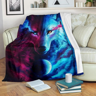 Amazing Blue And Red Wolf Face Printed Fleece Blanket