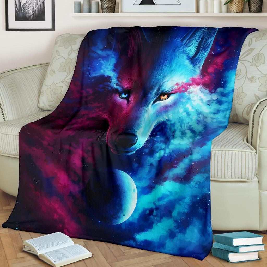 Amazing Blue And Red Wolf Face Printed Fleece Blanket