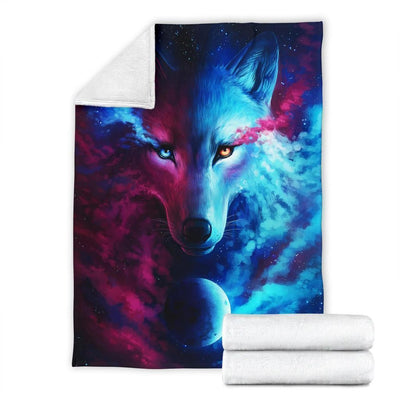 Amazing Blue And Red Wolf Face Printed Fleece Blanket