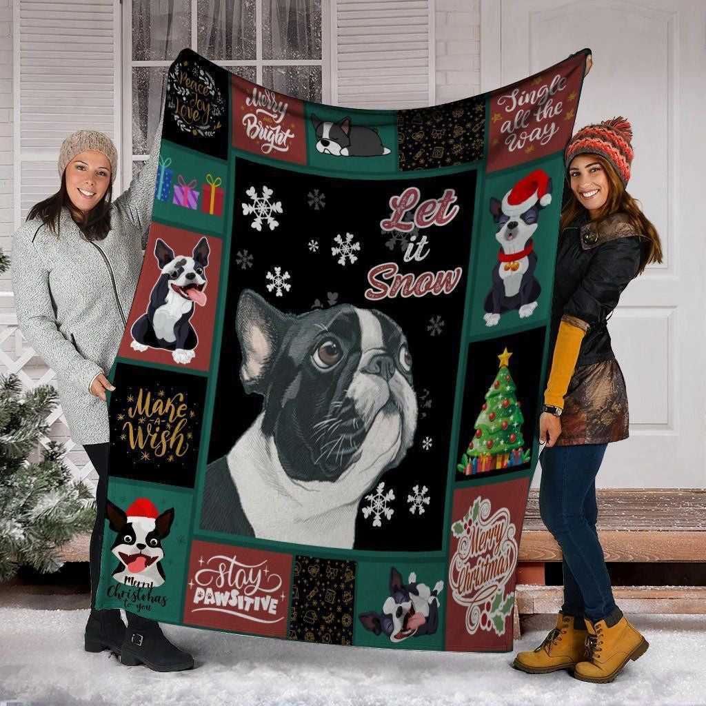 Let It Snow Boston Terrier Dog Snowflake Fleece Blanket
