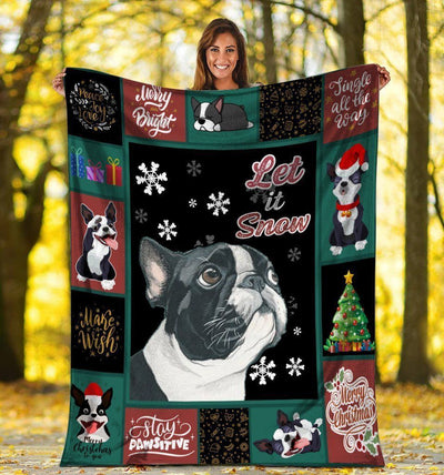 Let It Snow Boston Terrier Dog Snowflake Fleece Blanket