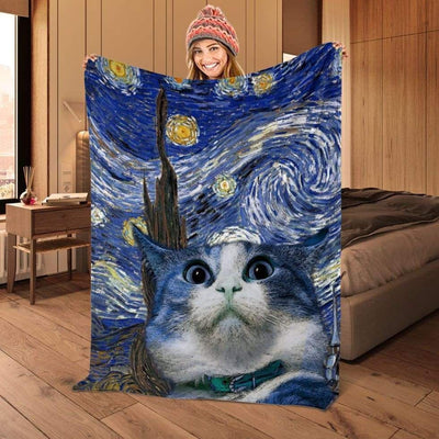 Funny Cat Van Gogh Throw Fleece Blanket