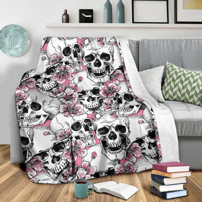 Cherry Blossom And Skull Face Pattern Print Design Fleece Blanket