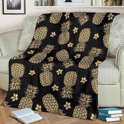 Gold Pineapple Hibiscus Black Fleece Blanket