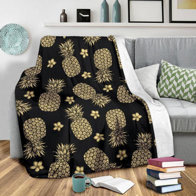 Gold Pineapple Hibiscus Black Fleece Blanket