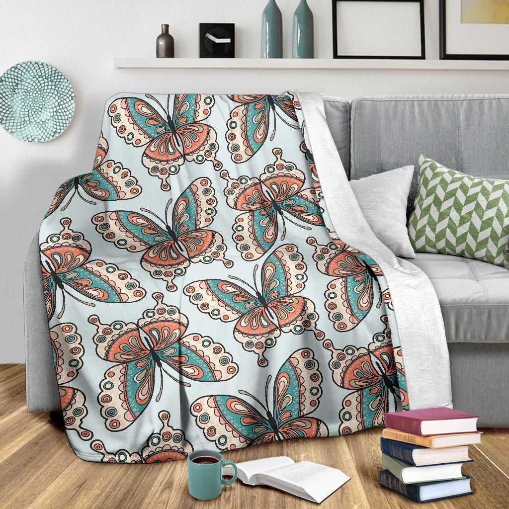 Light Blue Textured Butterfly Pattern Fleece Blanket