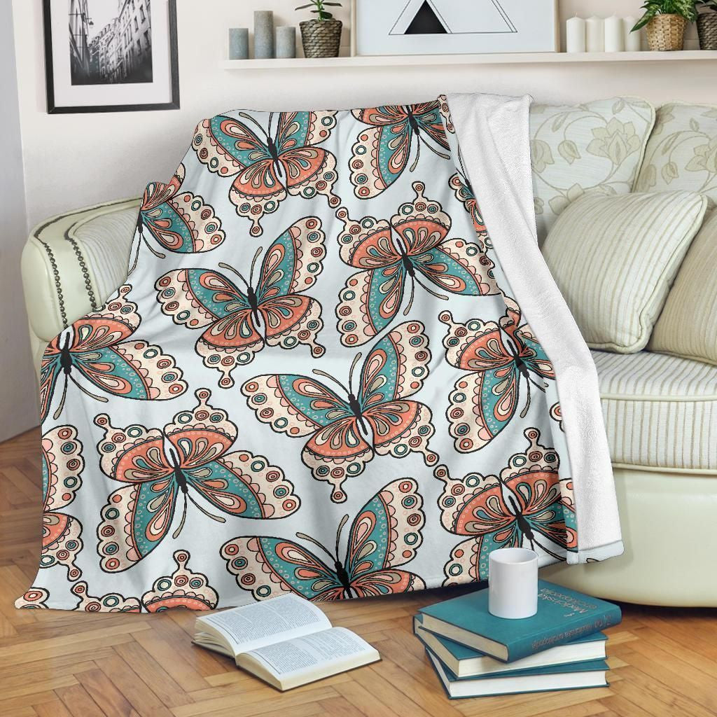Light Blue Textured Butterfly Pattern Fleece Blanket