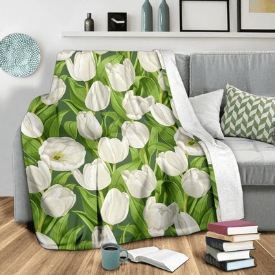 Tulip White Pattern Print Design Green Fleece Blanket