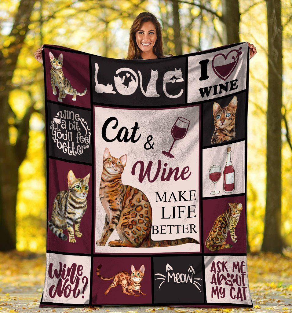 Cat And Wine Make Life Better Bengal Cat Fleece Blanket