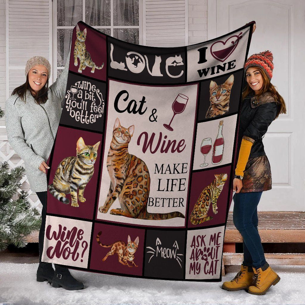 Cat And Wine Make Life Better Bengal Cat Fleece Blanket