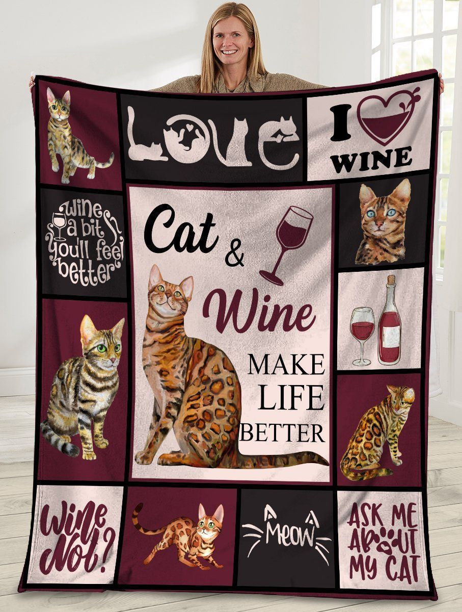 Cat And Wine Make Life Better Bengal Cat Fleece Blanket