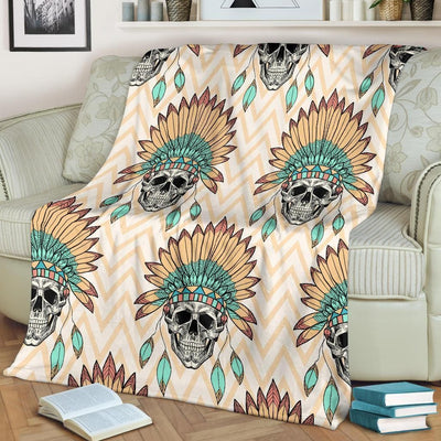 Indian Skull Pattern Pink And White Zigzag Fleece Blanket