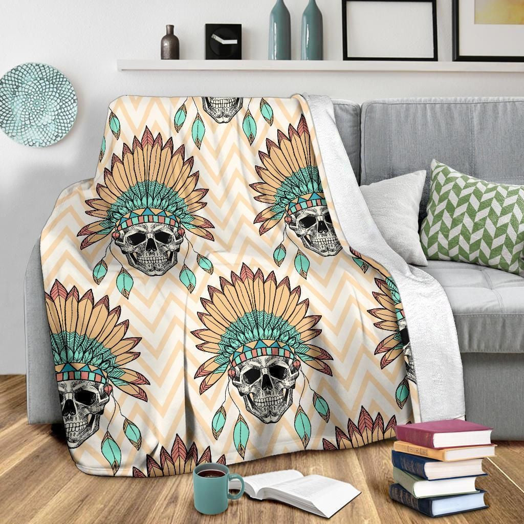 Indian Skull Pattern Pink And White Zigzag Fleece Blanket
