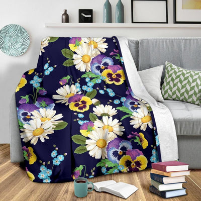 Pansy Pattern Print Design Dark Blue Fleece Blanket