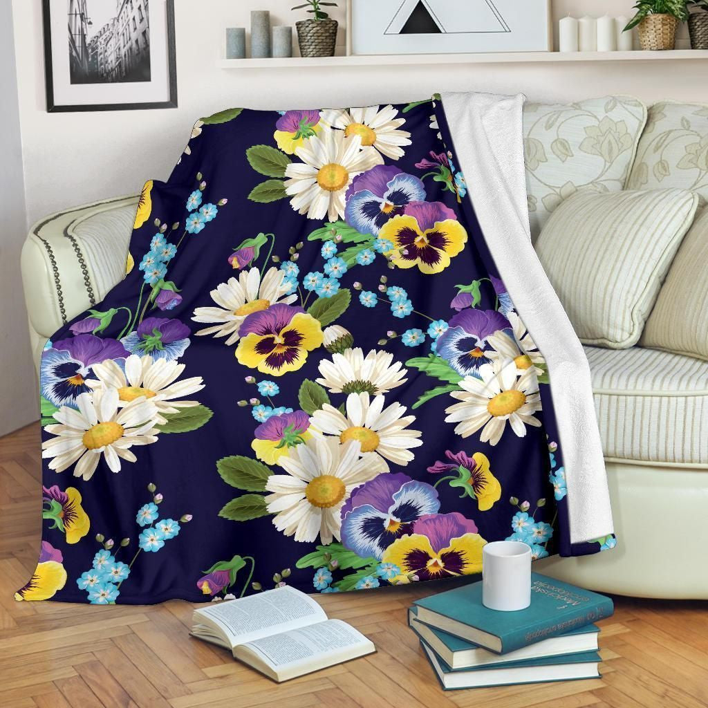 Pansy Pattern Print Design Dark Blue Fleece Blanket