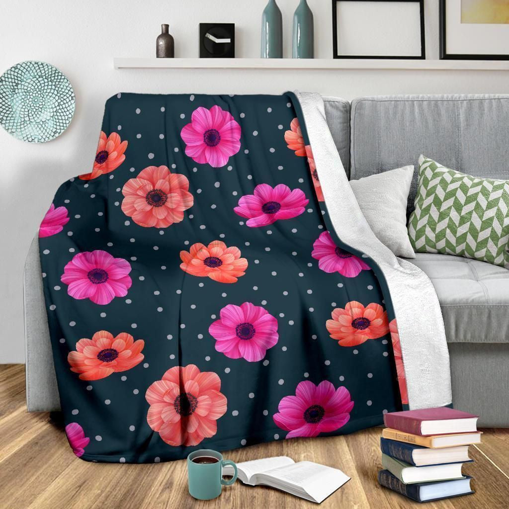 Pink Orange Anemone Pattern Print Design Fleece Blanket