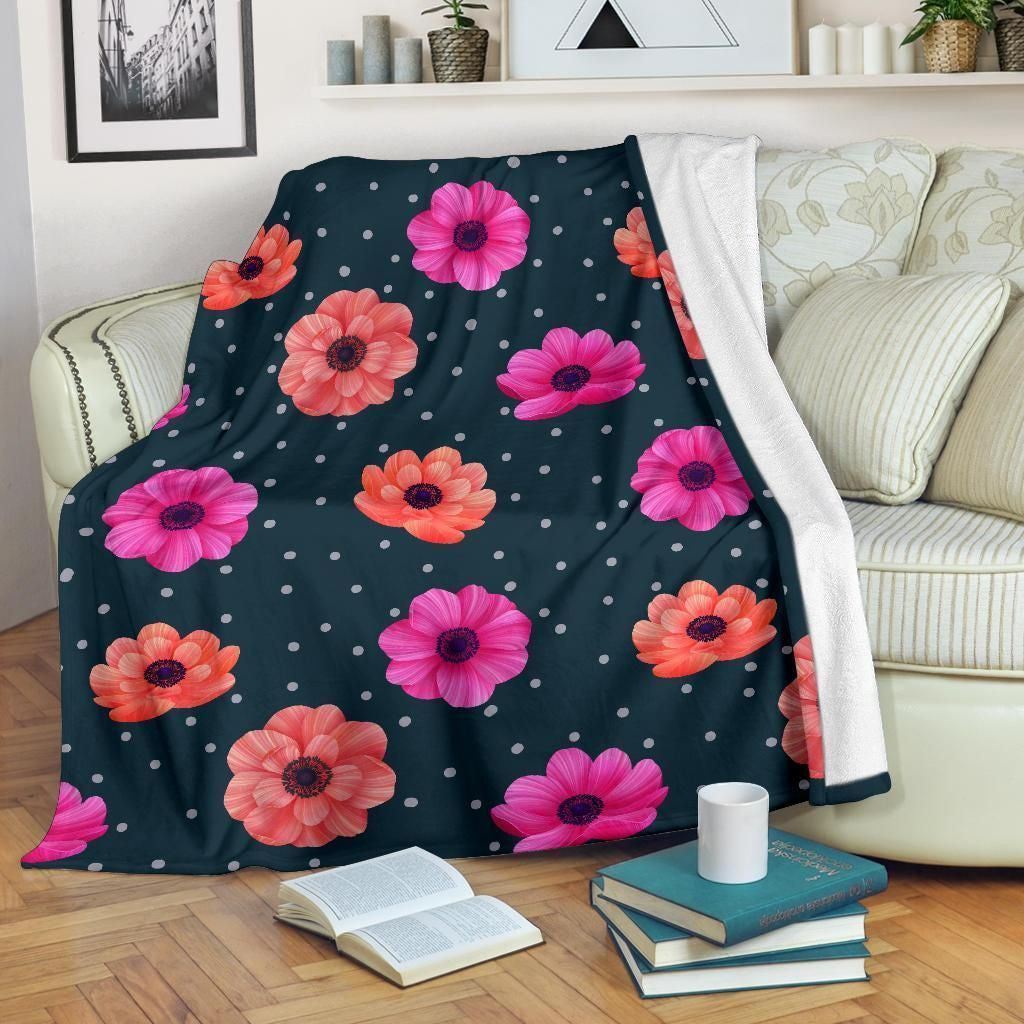 Pink Orange Anemone Pattern Print Design Fleece Blanket