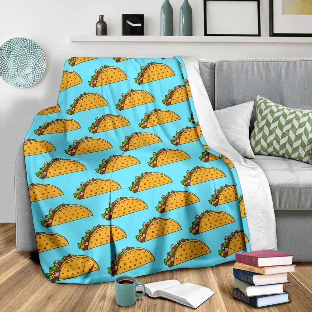 Yummy Taco Pattern In Bright Blue Printed Fleece Blanket
