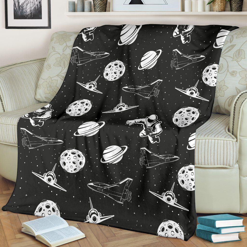 Black And White Space Astronauts Print Fleece Blanket