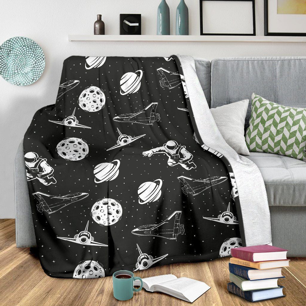 Black And White Space Astronauts Print Fleece Blanket