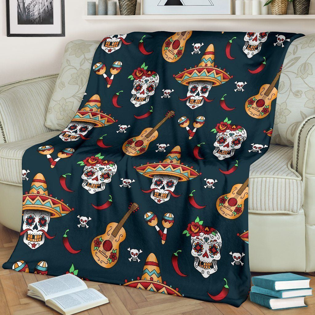 Ukelele Sugar Skull Mexican Fleece Blanket