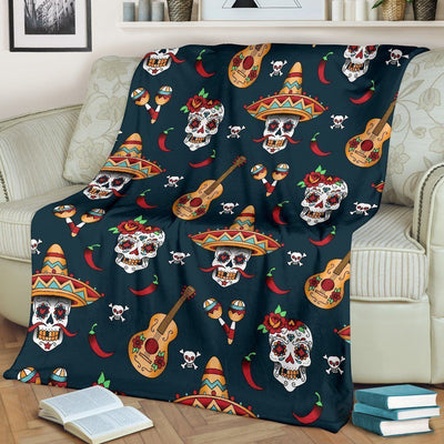 Ukelele Sugar Skull Mexican Fleece Blanket