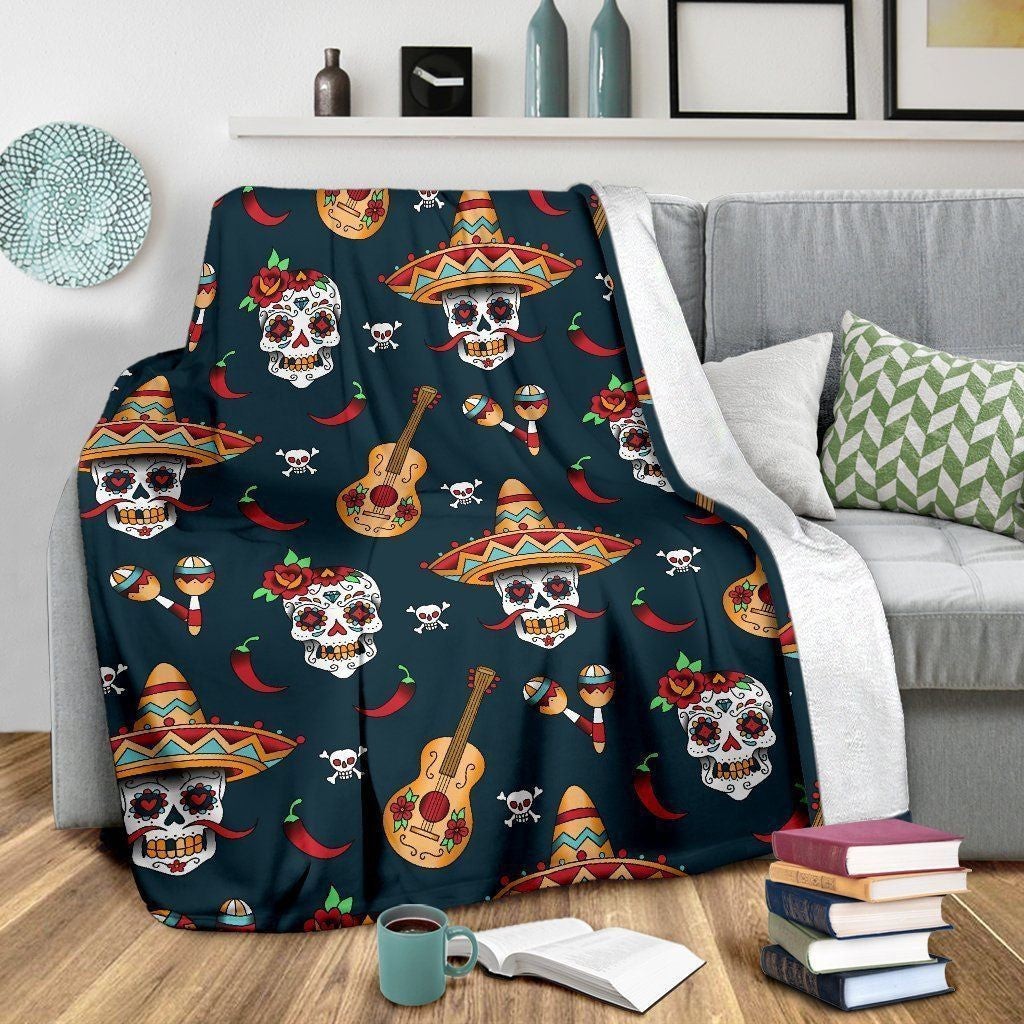 Ukelele Sugar Skull Mexican Fleece Blanket