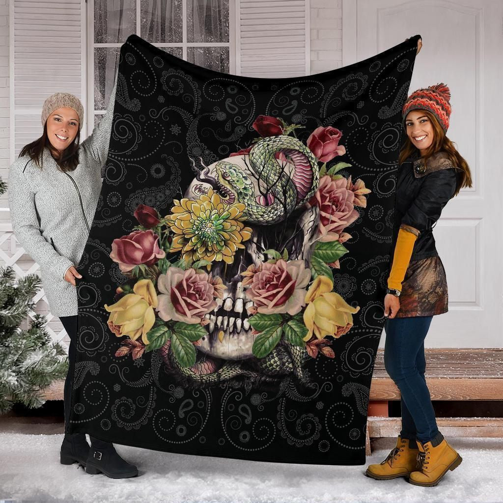 Beautiful Floral And Skull Face Fleece Blanket