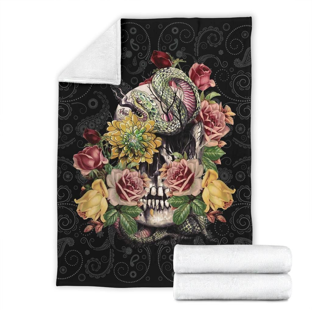 Beautiful Floral And Skull Face Fleece Blanket